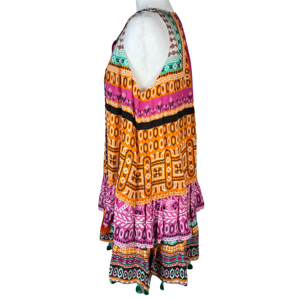 Hemant and Nandita Dress Tiered Silk Multipattern Tasseled Sleeveless Size Small - Picture 6 of 11